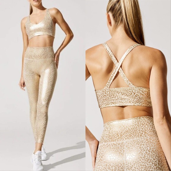 New Carbon38 Mini Leopard Bra Legging Workout Set Beige Gold - Picture 2 of 7